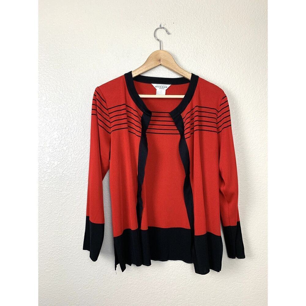 Exclusively Misook Red Black Open Front Cardigan Jacket PS Petite Small Acrylic